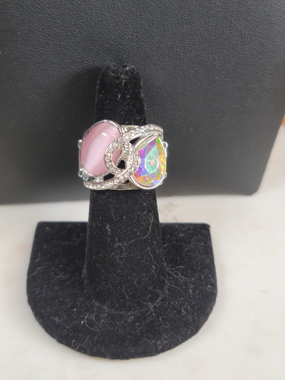 Silver Pink & Iridescent Stone Statement Ring - Women Jewelry